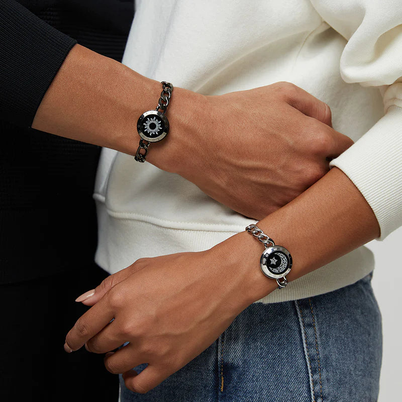 Sun&Moon Touch Bracelets with Figaro Chain(Black+Silver)